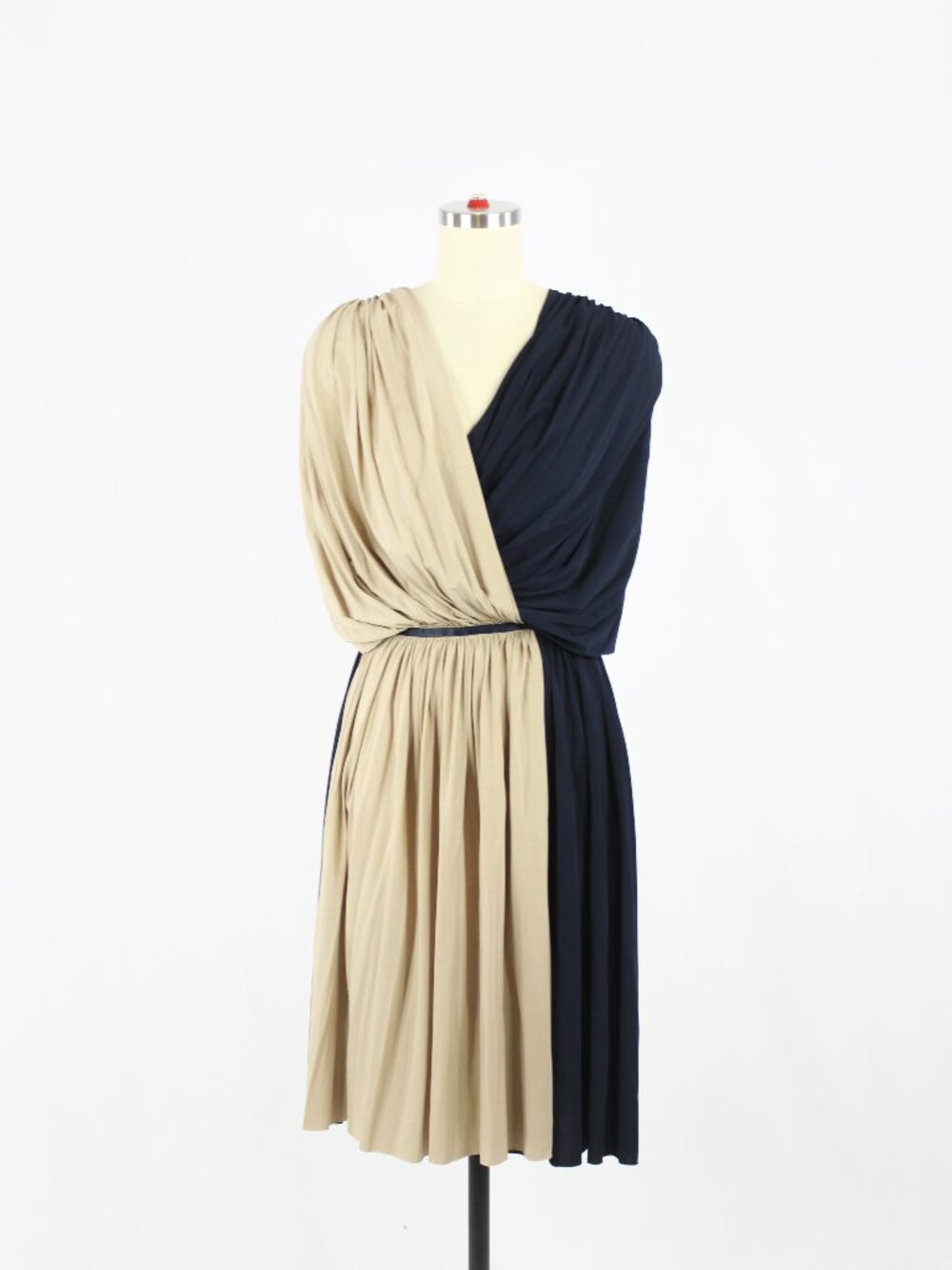 NWT PORTS 1961 Navy Beige Draped Jersey Asymmetrical Grecian Dress, Size 38/6